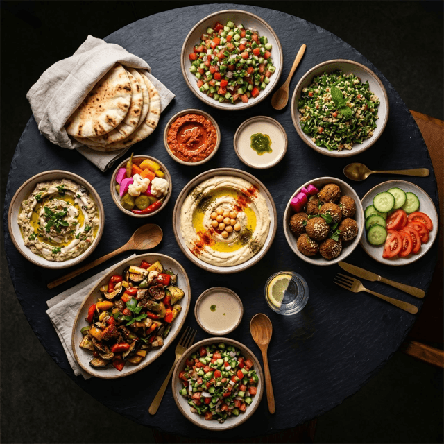 Premium mezze platter with hummus, falafel, and salads